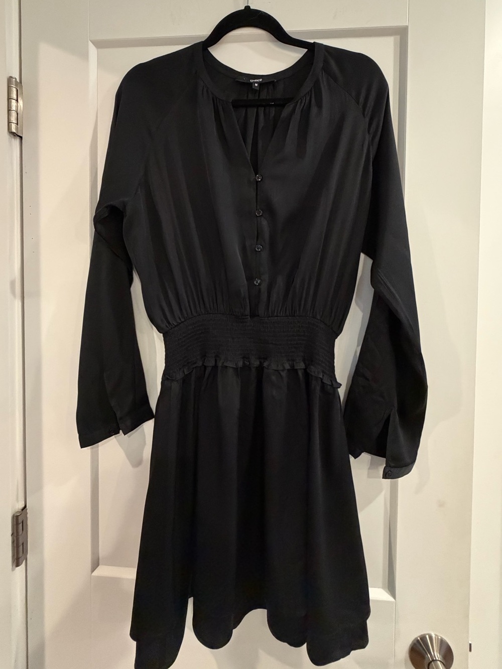 Quince Black Long-Sleeve Smocked-Waist Button-Front Dress